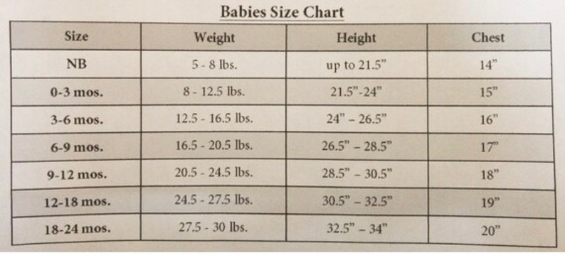 May include: A chart showing baby sizes by age in months, weight in pounds, height in inches, and chest size in inches. The chart includes sizes for newborns (NB) and ages 0-3 months, 3-6 months, 6-9 months, 9-12 months, 12-18 months, and 18-24 months.