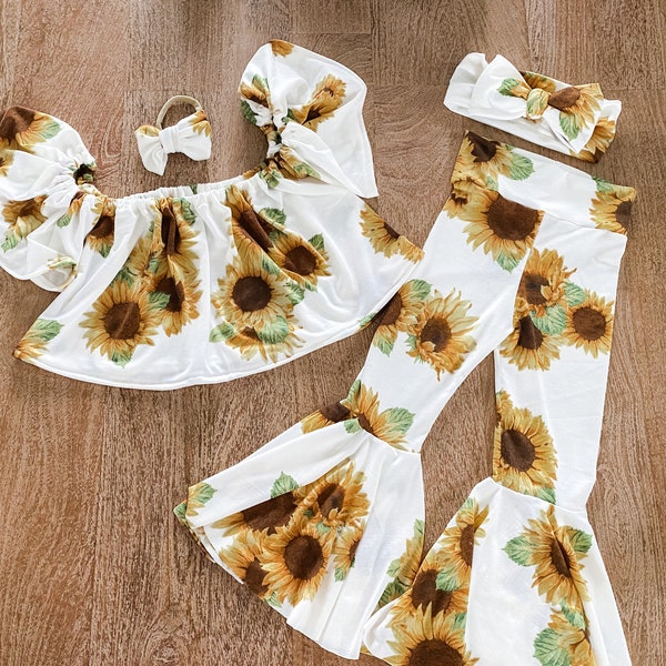Sunflower crop top| first birthday| birthday| toddler outfit| baby outfit| double bell bottoms