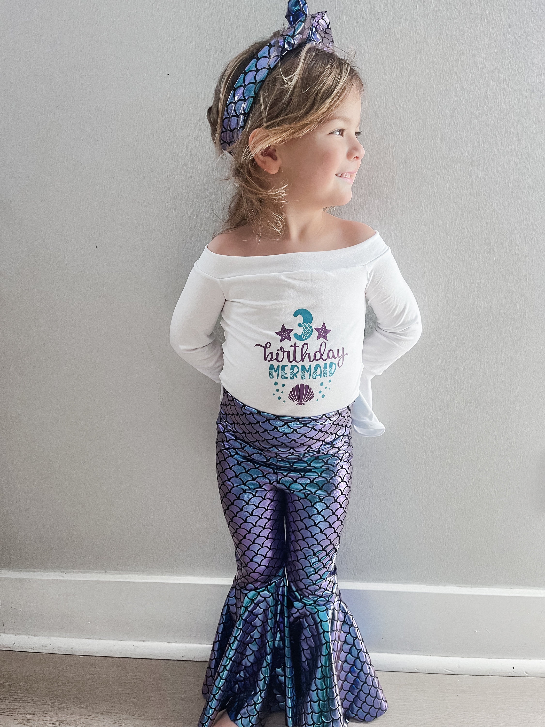 Mermaid birthday outfit | mermaid bell bottoms | customaziable bell sleeve  snap free onesie| toddler birthday