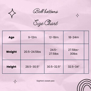 May include: A size chart for bell bottom pants, showing age, weight in pounds, and height in inches.
