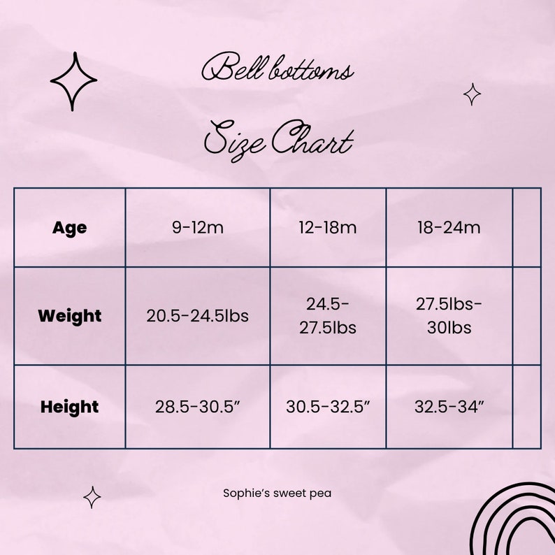 May include: A size chart for bell bottom pants, showing age, weight in pounds, and height in inches.
