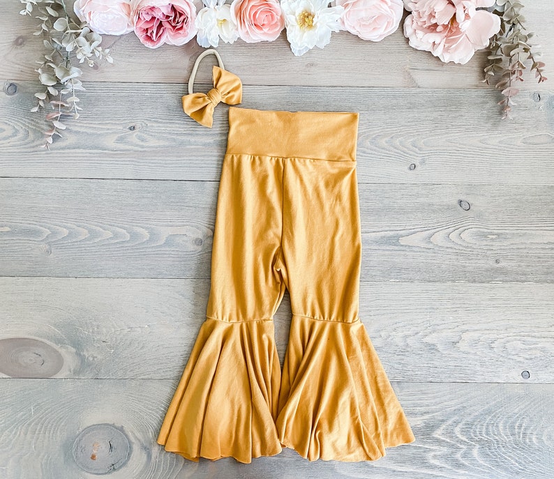 Yellow|mustard bell bottoms| baby girl bell bottoms| toddler bell bottoms image 3
