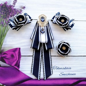 Brooch tie Navy bow brooch tie Accessory Set Tie Brooch Kansashi Style Hair Clip Brooch Gift for Her Ladies brooch tie Back to School Tie