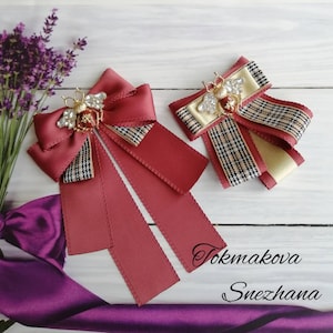 Pastel burgundy bow tie brooch ribbon brooch Bow brooch tie with bee Uniform brooch tie Women Girls brooch bow tie Ladies bow tie
