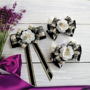 Black and white bow tie brooch with checkered Tweed ribbon brooch Bow brooch Bow Tie for woman Necktie for Woman/ledy Plaid Tie For Woman