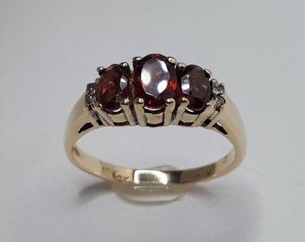 Garnet & Diamond 10K Yellow Gold Three Stone Ring, January Birthstone