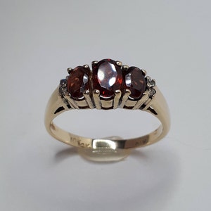 Garnet & Diamond 10K Yellow Gold Three Stone Ring, January Birthstone