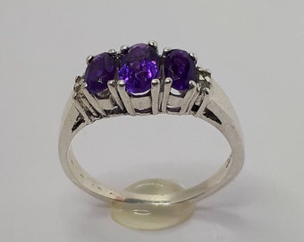 Amethyst Ring, February Birthstone, Amethyst Rings, Women Amethyst Ring, 3 Stone Ring, Purple Stone Ring, Diamond Ring, Amethyst, 925 Silver