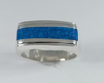 Bague homme, bague en résine époxy, bague arrière solide, bague en argent et résine, bague pierre bleue, bague femme, argent sterling 925, bague unique.