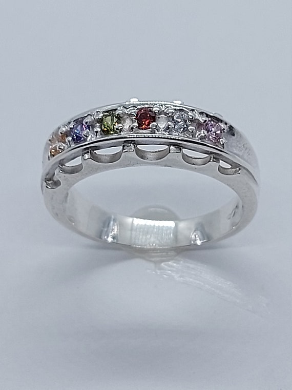 Handmade Sterling Silver Family Ring, Multi Color Cubic Zirconia