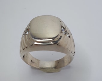 Sterling Silver Men's Signet Ring with White Zirconia