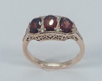 Garnet & Moissanites 10K Yellow Gold Three Stone Ring, January Birthstone