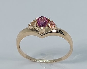 14k Yellow Gold Multi-Stone Ring: Ruby, Tourmaline & White Sapphire
