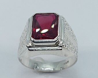 Bague Homme Argent 925 Avec Grenat Naturel Et Zircone - Taille Personnalisable - Fait Main
