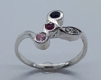 Silver Ring, Multistone Ring, Precious Stone Ring, Ruby Ring, Sapphire Ring, Pink Tourmaline, Family Ring, Friendship Ring, Diamond Ring