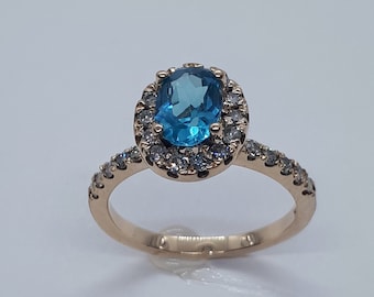 Halo Ring, Engagement Ring, Christmas Gift, Blue Topaz Ring, 14k Yellow Gold Ring, Free Shipping, December Birthstone, Blue Topaz