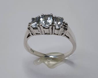 Aquamarine 3 Stone Ring, Sterling Silver, March Birthstone