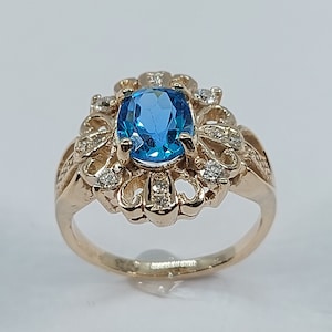 10k Yellow Gold Blue Topaz Ring with Diamonds