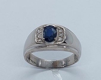 Handmade 10k White Gold Men's Sapphire Diamond Ring, Size 10