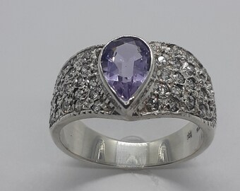 Sterling Silver Amethyst Ring, Teardrop with Cubic Zirconia