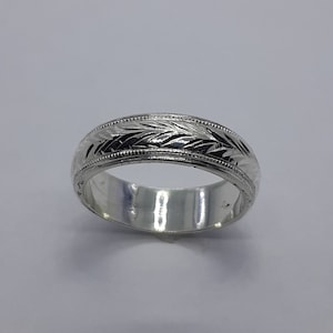 Hand Engraved Sterling Silver Band: Unisex Floral Ring