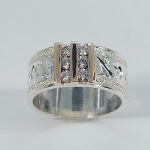 Anillo de moissanita grabado a mano: oro amarillo de 10 k y plata de ley