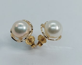 [LLOYD] 10K Gold☆Heart Pearl S Earrings VINTAGE BEAUTIFUL 10K YELLOW GOLD K10 PEARL HEART SHAPED