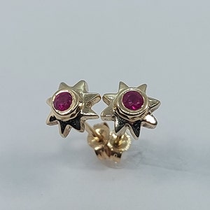May include: A pair of gold star-shaped earrings with red gemstones in the center.