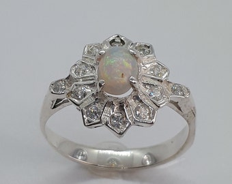 Opal Sterling Silver Ring, Zirconia Floral Design