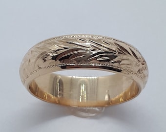 10k Yellow Gold Mens Wedding Band, Handmade Floral Anniversary Ring
