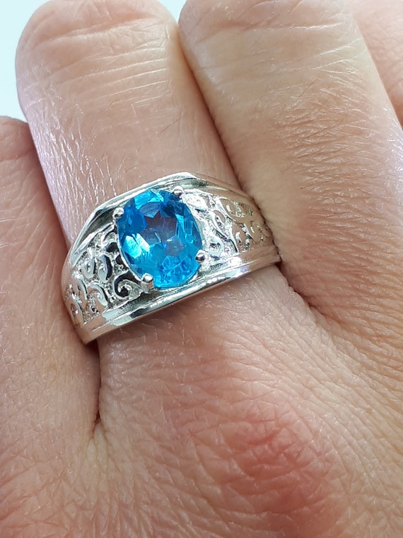 Mens Blue Topaz Ring | 2 1/4ct Blue Topaz and Diamond Men's Ring Crafted In  Solid Yellow Gold