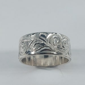 Hand Engraved Sterling Silver Band Ring - Unisex Design