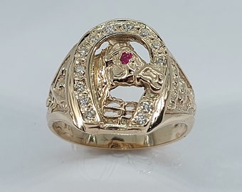 Horse Shoe Ring, Men Ring, Diamond Ring, 10K Gold  Ring, Ruby Ring, Diamond Gold Ring, Horse Diamond Ring, Men Ring, Solid 10K Gold Ring.