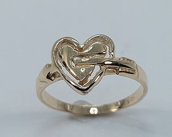 10k Yellow Gold Heart Ring, Handmade Women's Ring, Size 7