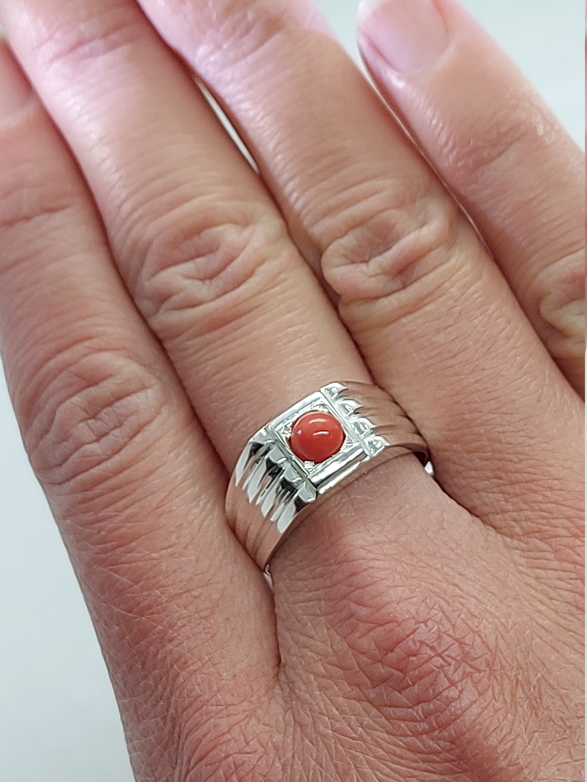 coral ring silver 925 コーラルリング Red Coral Sterling Silver Ring, Round Stone, Size 9 - Etsy Canada