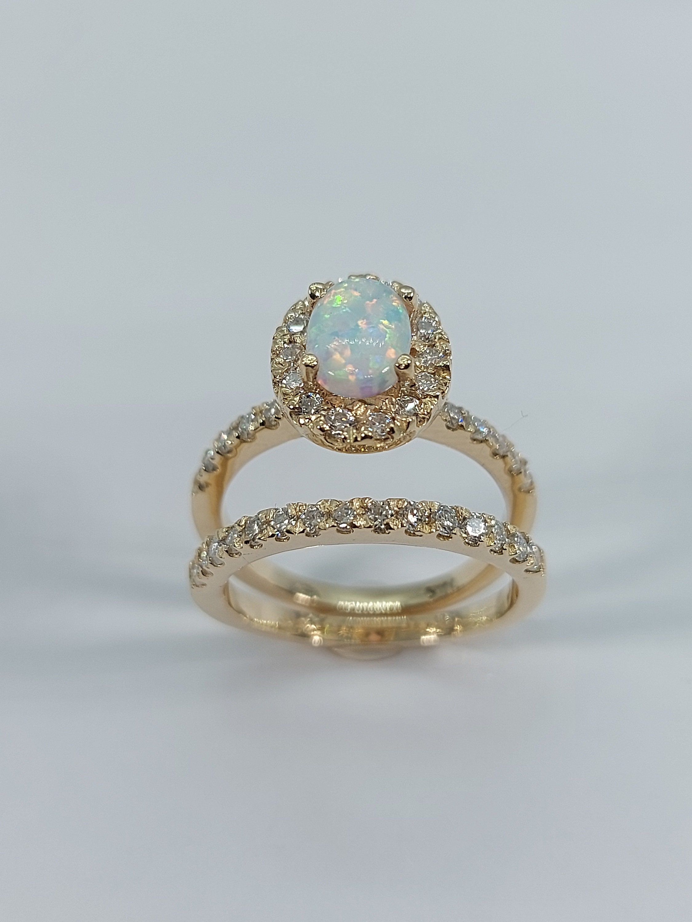 k 10 リング 10k Gold Opal Engagement Ring Set, Diamond Halo Bridal Wedding