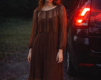 1970s Mary Daphné Haute Couture brown chiffon and lace midi prairie dress with sheer bishop sleeves and pleated skirt boho style (M)