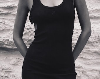 Courrèges Y2K navy blue ribbed cotton bodycon mini tank dress with cut outs, utility strap detail and front logo (S)