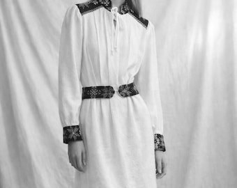 1970s Handmade Wool Folk Dress, Embroidered Trim, Boho Hippie (S)