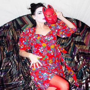 Saint Laurent 1983 Red Silk Floral Dress: Rive Gauche Vintage A-Line (S)