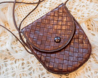 Bottega Veneta brown woven leather Intrecciato mini flap messenger crossbody bag with snap closure