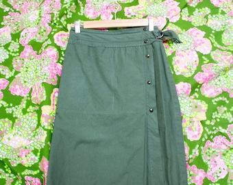 Complice by Claude Montana spring/summer 1983 khaki green cotton midi wrap pencil skirt cargo style with front pocket and pleated side (S)