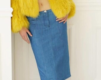 Versace Jeans Signature s/s 2004 acid wash denim pencil skirt corset seamed midi with zip pockets Y2K cargo chic (S)