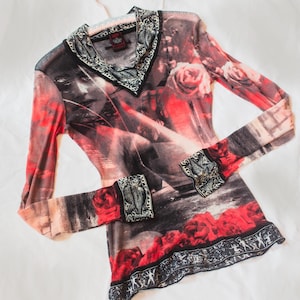 Jean Paul Gaultier Maille Classique 90s V neck long sleeves tattoo mesh top with rose floral pattern, abstract divas and contrast border (M)