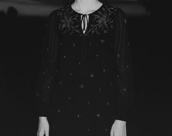 1970s Beaded Silk Tent Dress, Art Deco Boho Style (S)