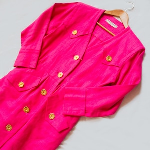 Vintage Saint Laurent Linen Shirtdress: 1980s Pink Power Shoulders, Size M