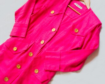 Vintage Saint Laurent Linen Shirtdress: 1980s Pink Power Shoulders, Size M