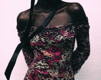 90s Betsey Johnson Colorful Floral Silk Midi Dress, Ruched Off-Shoulder, Made in USA (S/M)