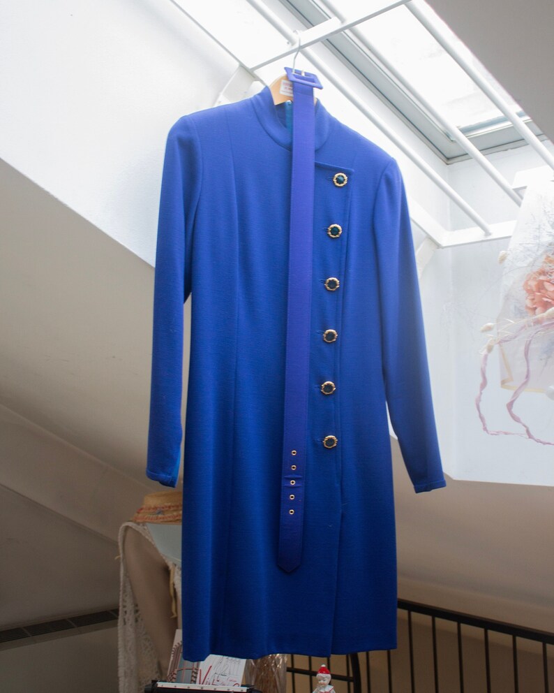 Ungaro Solo Donna Early 90's Purple Blue Wool Band Korean Collar Sheath