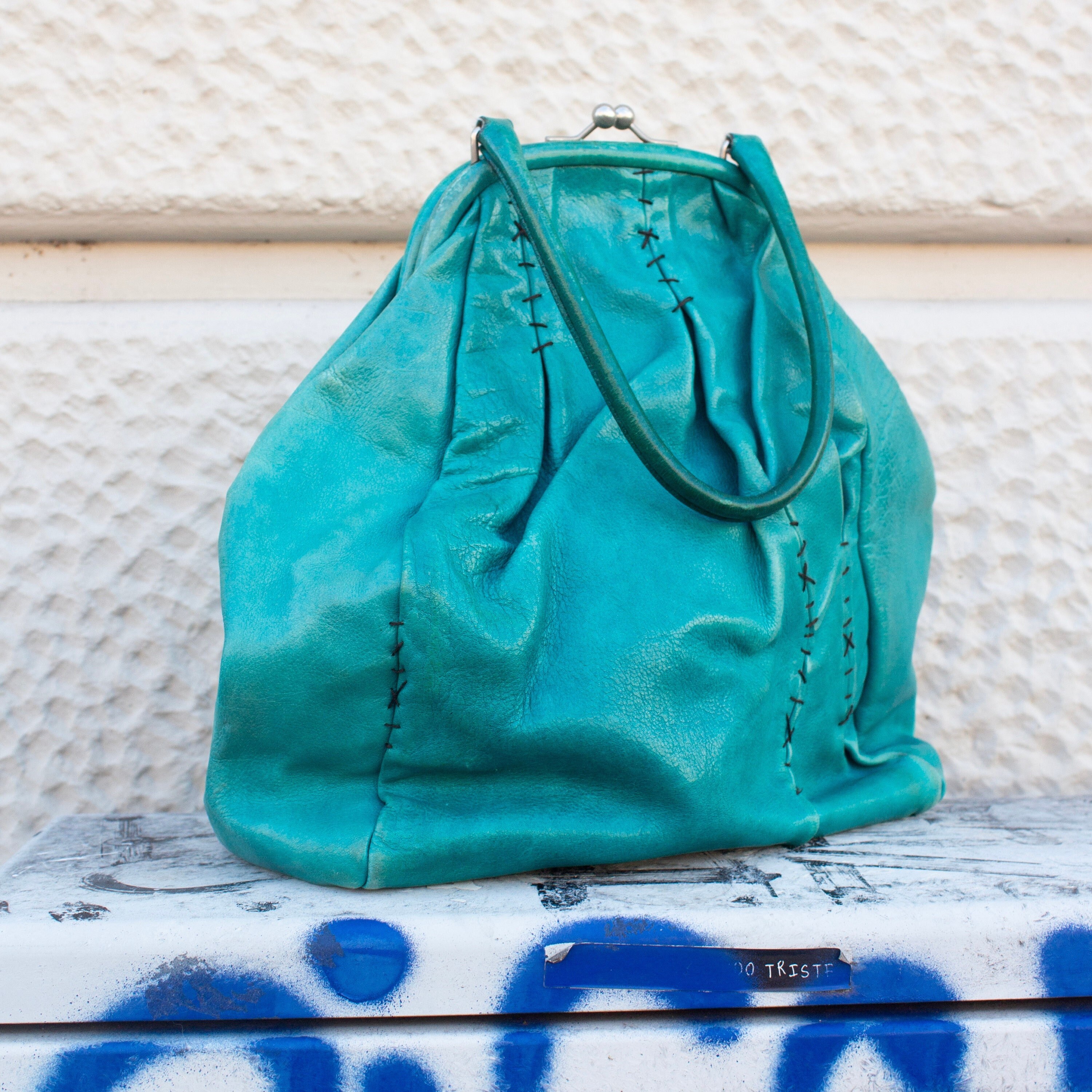 バッグ 90s miumiu kiss lock purse belt bag Miu Miu 90's Rare Turquoise Leather Jumbo Coin Style Purse